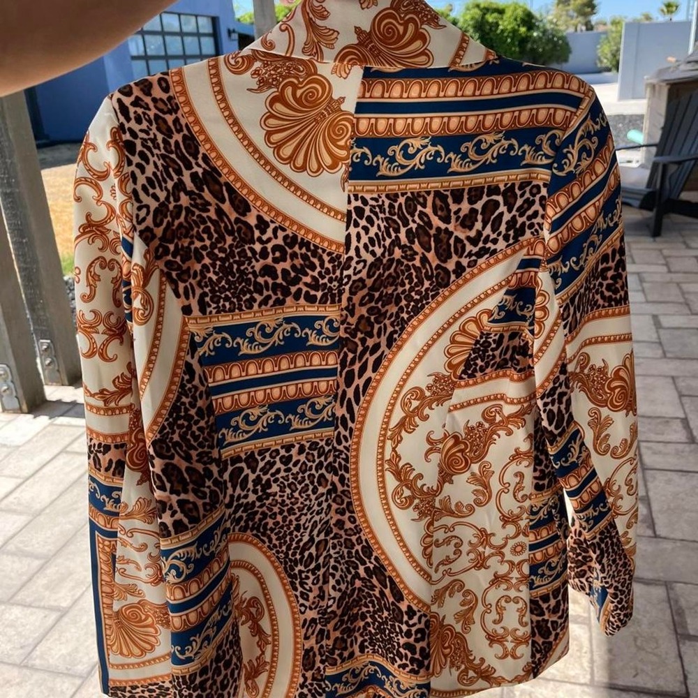 Venti6 Statement Blazer Leopard Baroque Scarf Print Open Front